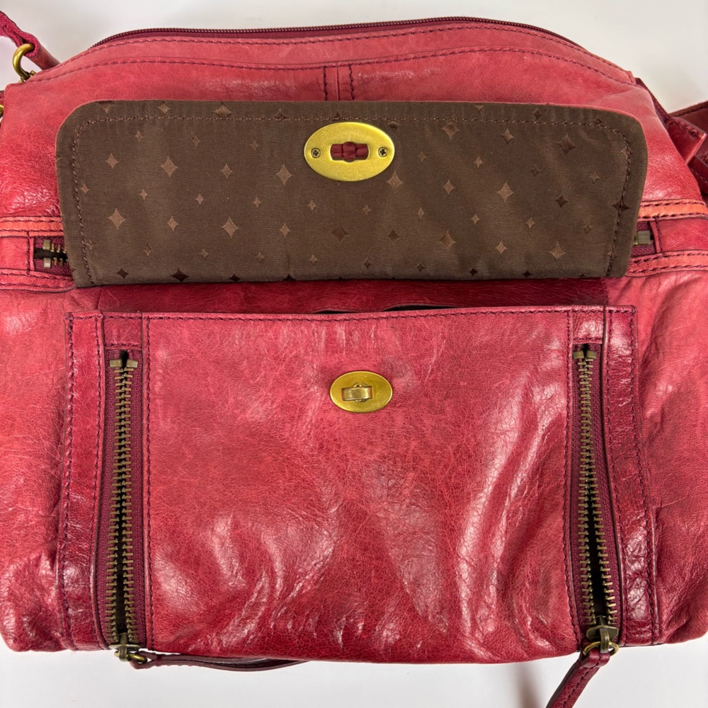 Fossil 2-Pc Set Leather Crossbody Purse Leather Organizer Clutch Wallet Red - Picture 6 of 15